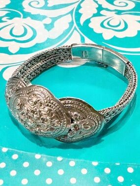 Vintage 925 Sterling Silver Floral Woven Braided Double Chain Link Bracelet